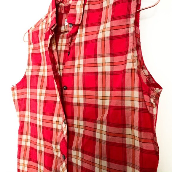 vintage sleeveless plaid button up red top/collar - Picture 2 of 7
